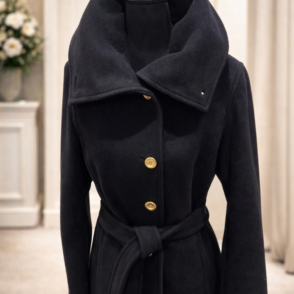 Authentic Coach Double Breasted Wool Angora Belted Coat Size M Black Gold Button - Picture 3 of 5